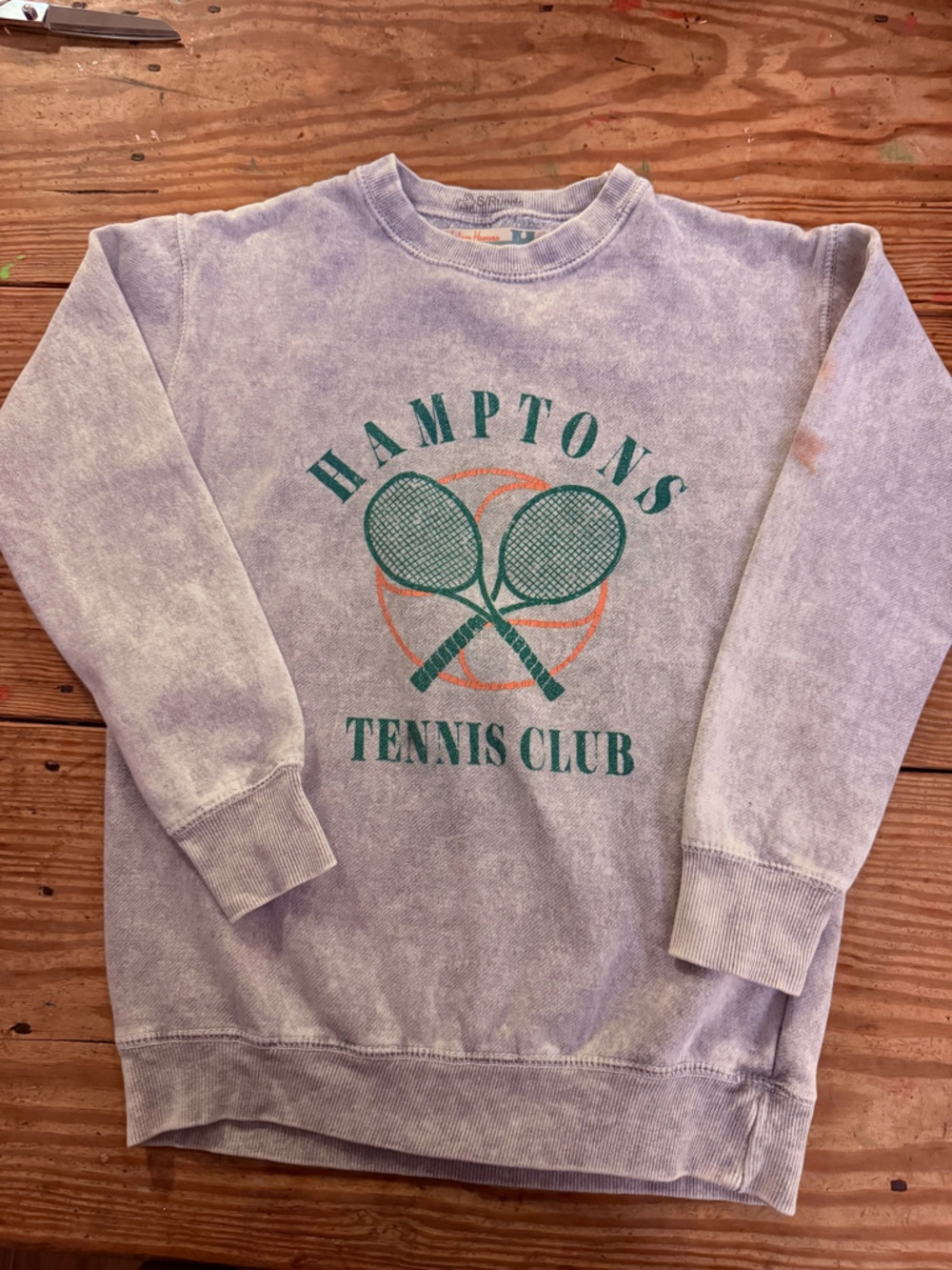 Grey Crewneck Sweatshirt with Colorful Retro Tag